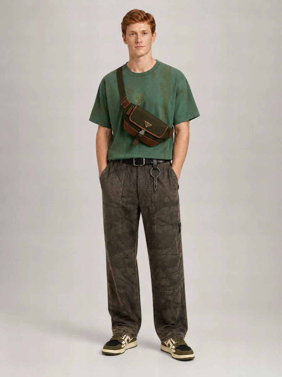 Stone Island Wrinkled Printed Loose Fit Trousers