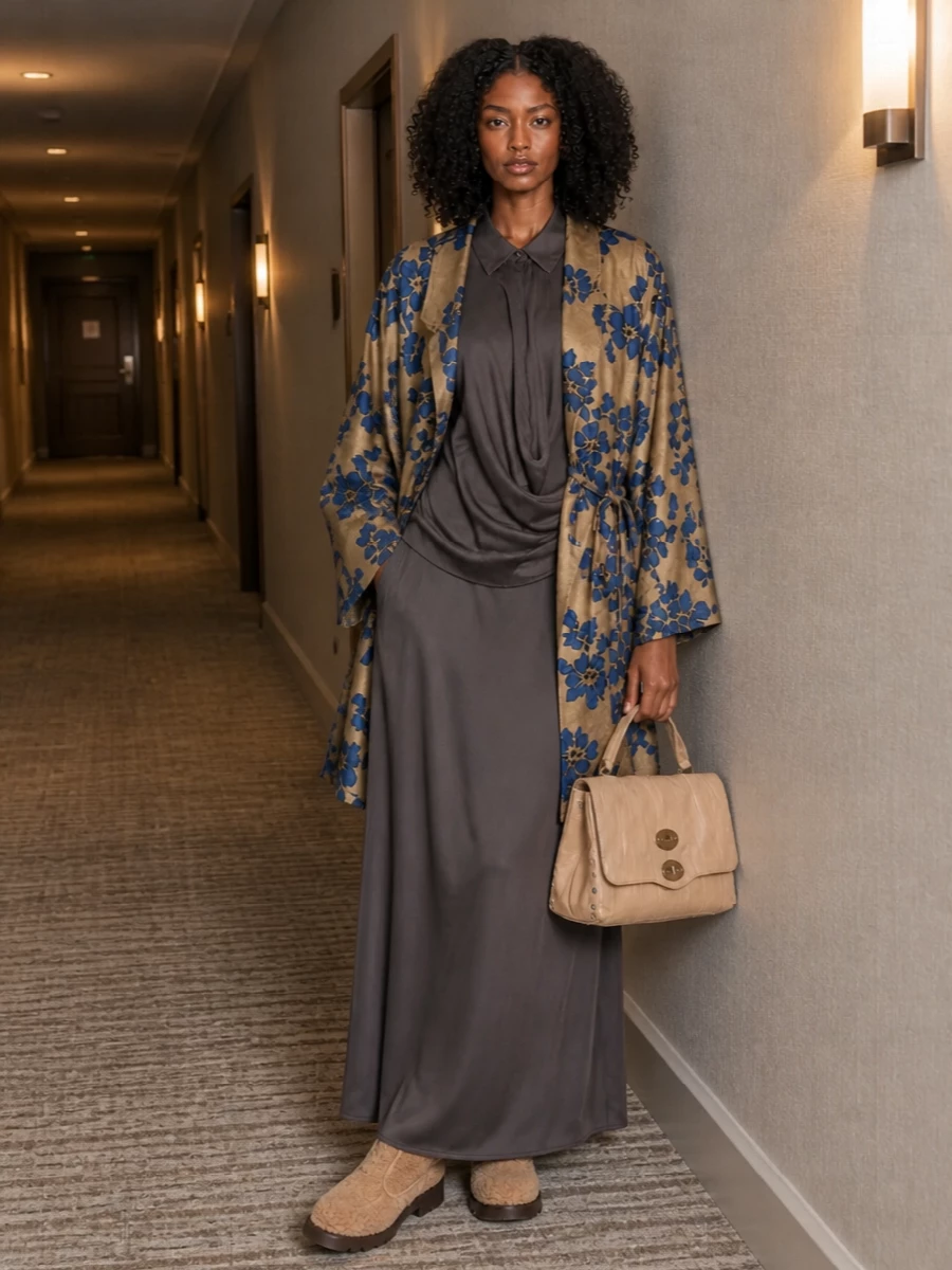 I am building around the dress path so the outfit reads as one long, liquid column under the dramatic Uma Wang coat rather than breaking the line with separate top and bottom. The draped Andamane maxi, soft shearling-grounded ankle boots and structured nude-beige bag keep the mood minimalist and quietly romantic, letting the cobalt florals stay graphic without tipping into excess. The result is an art-gallery-dinner kind of ensemble, relaxed in movement but precise in proportion and palette for the colder season.