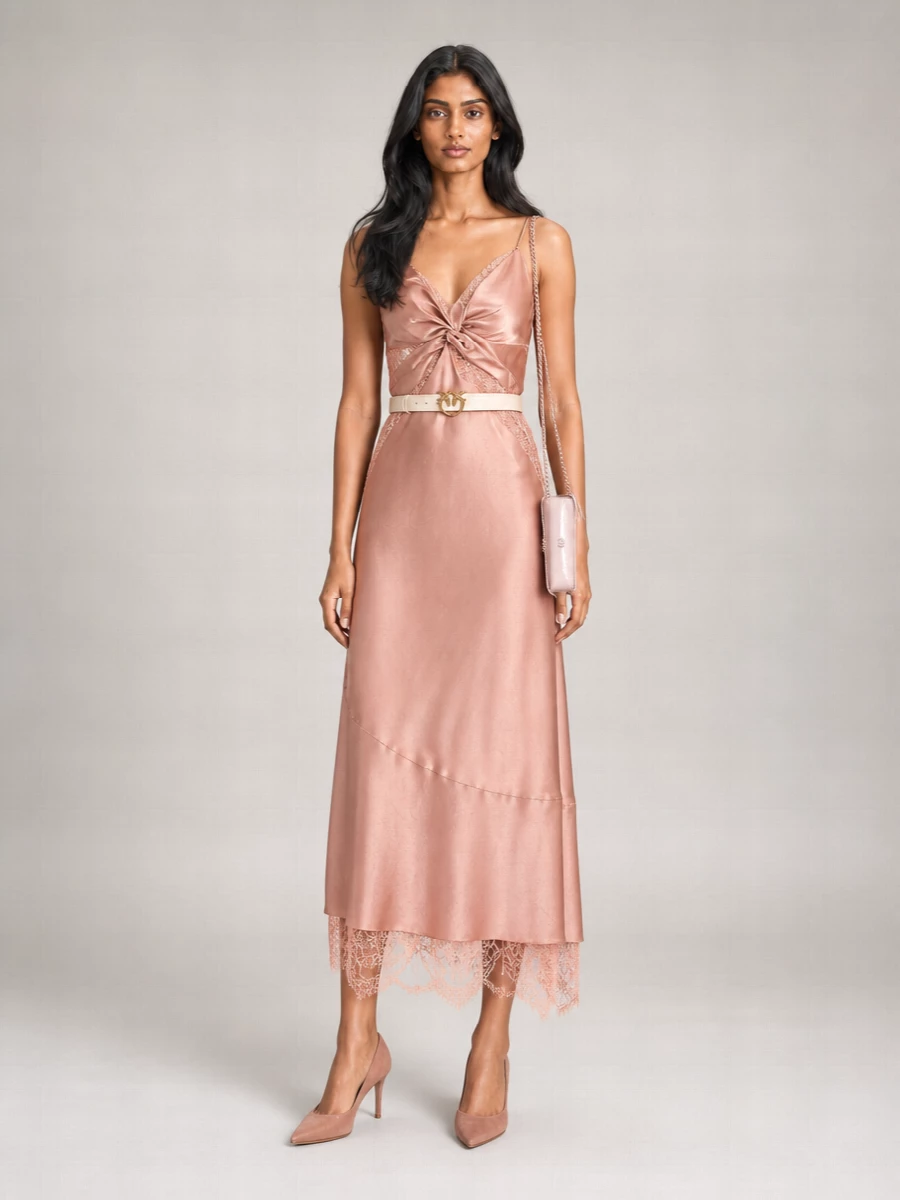 Pinko Satin Lace Asymmetric Draped Midi Dress