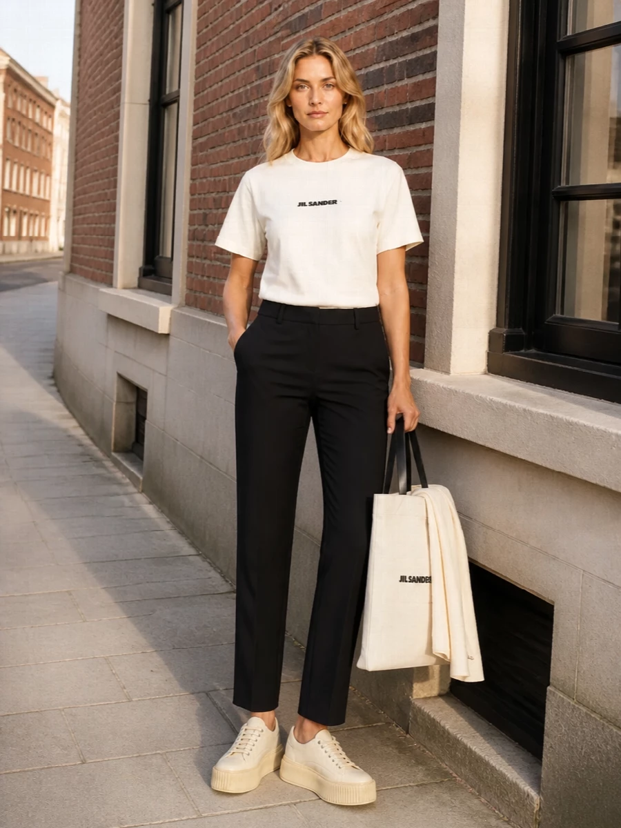 Jil sander logo tee black trousers sneakers