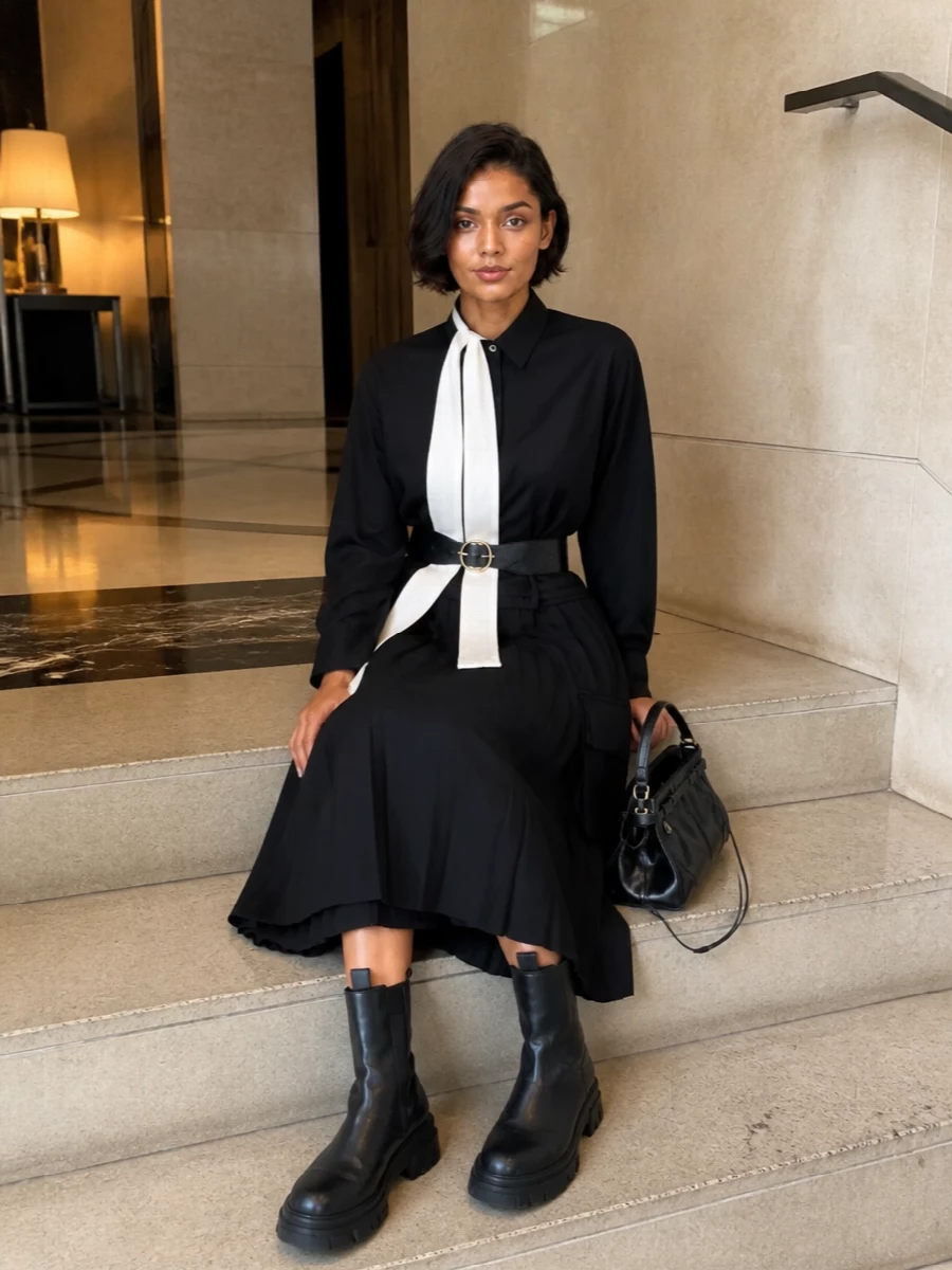 Sacai pleated black midi skirt prada chunky boots
