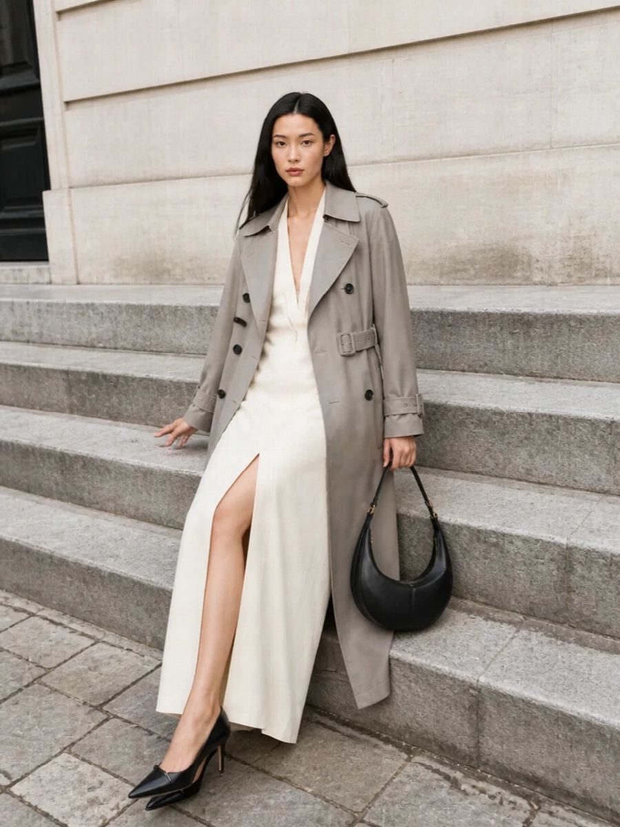 This look is a study in quiet, architectural evening dressing: the stone Sportmax trench frames the ivory column dress in slot I, creating a long, fluid line with subtle drama at the neckline and slit. Black satin slingbacks and a sculpted black crescent bag pick up the trench’s hardware and buttons, sharpening the palette while keeping the overall effect minimalist, tonal and impeccably poised for SS city dinners or events.