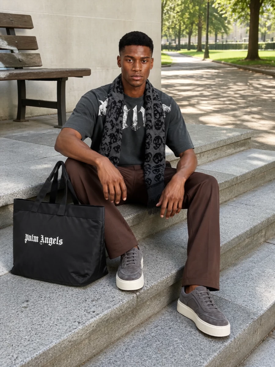 Palm angels tee brown track pants grey sneakers