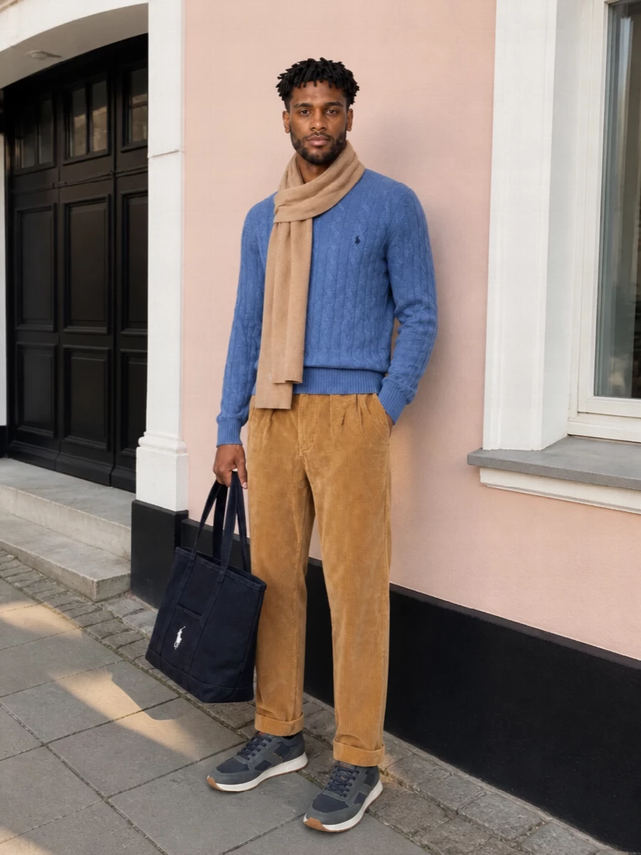 Polo ralph lauren blue cable sweater camel cords