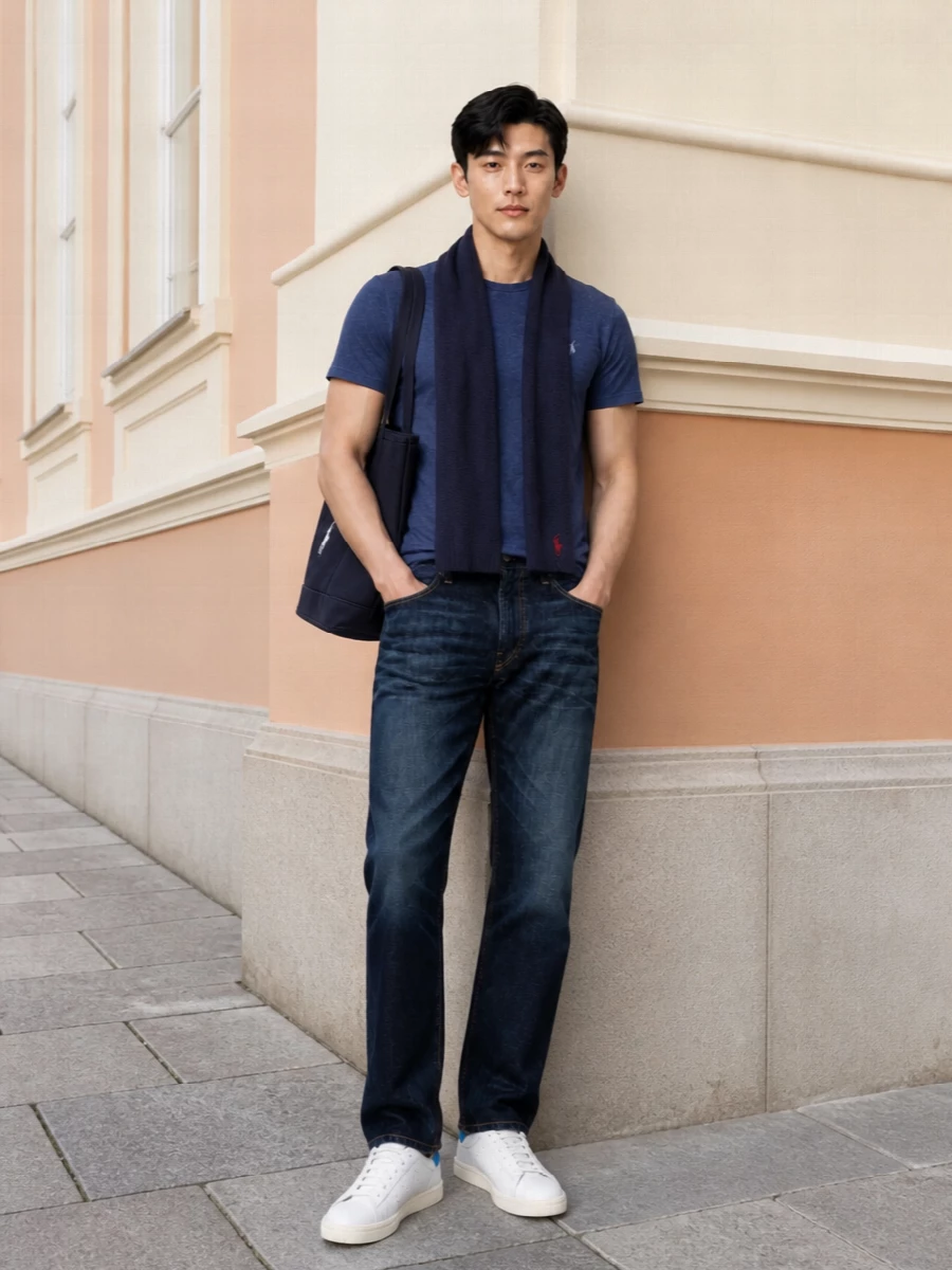 Polo ralph lauren navy tee dark jeans outfit
