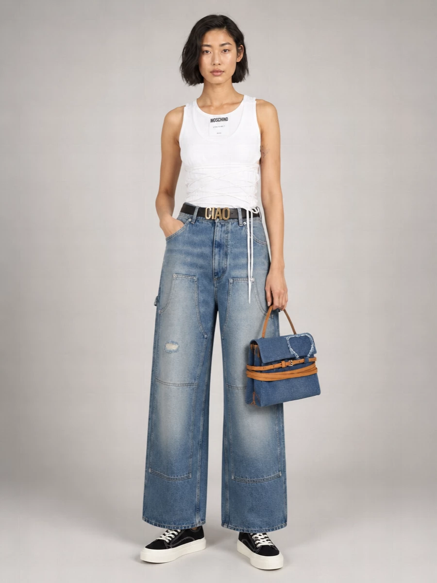 Moschino Denim And Leather Shoulder Bag