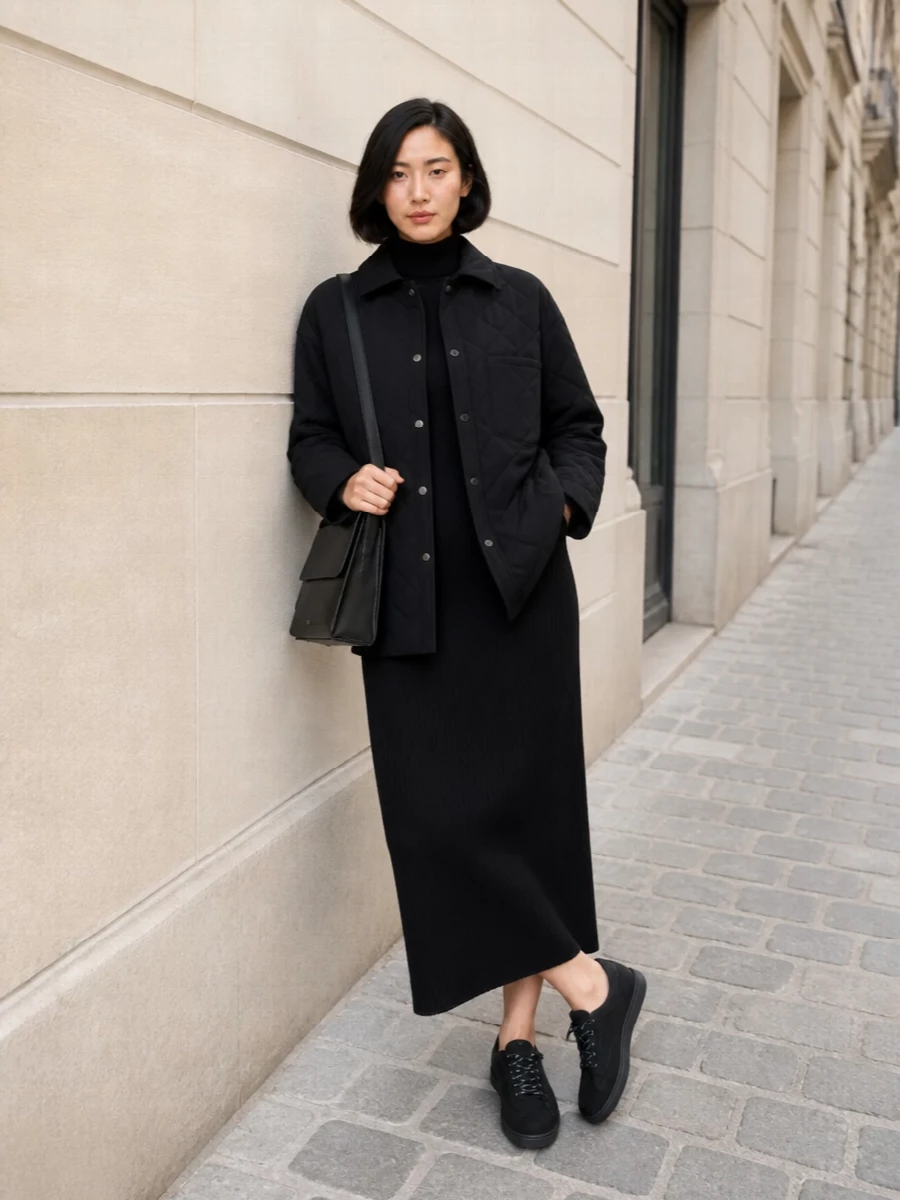 Apc quilted coat black knit dress outfit
