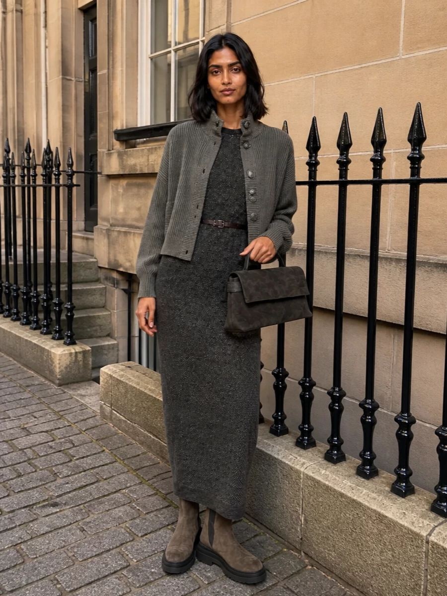 Brunello cucinelli charcoal knit dress outfit