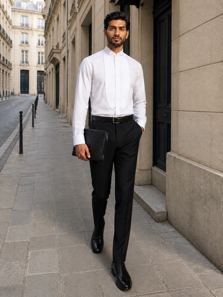 This look builds a disciplined black-tie foundation around the crisp Gucci wingtip tuxedo shirt, pairing it with sharply tailored Tom Ford trousers to keep the line clean and ceremonial. Ink-black Gucci Oxfords and a flat intrecciato Bottega clutch maintain the quiet-luxury, logo-light mood, while a slim black belt can be added only if needed, without disturbing the refined, formal silhouette. The result is a rigorously modern yet classic evening ensemble that feels impeccably considered under low light and on arrival alike.
