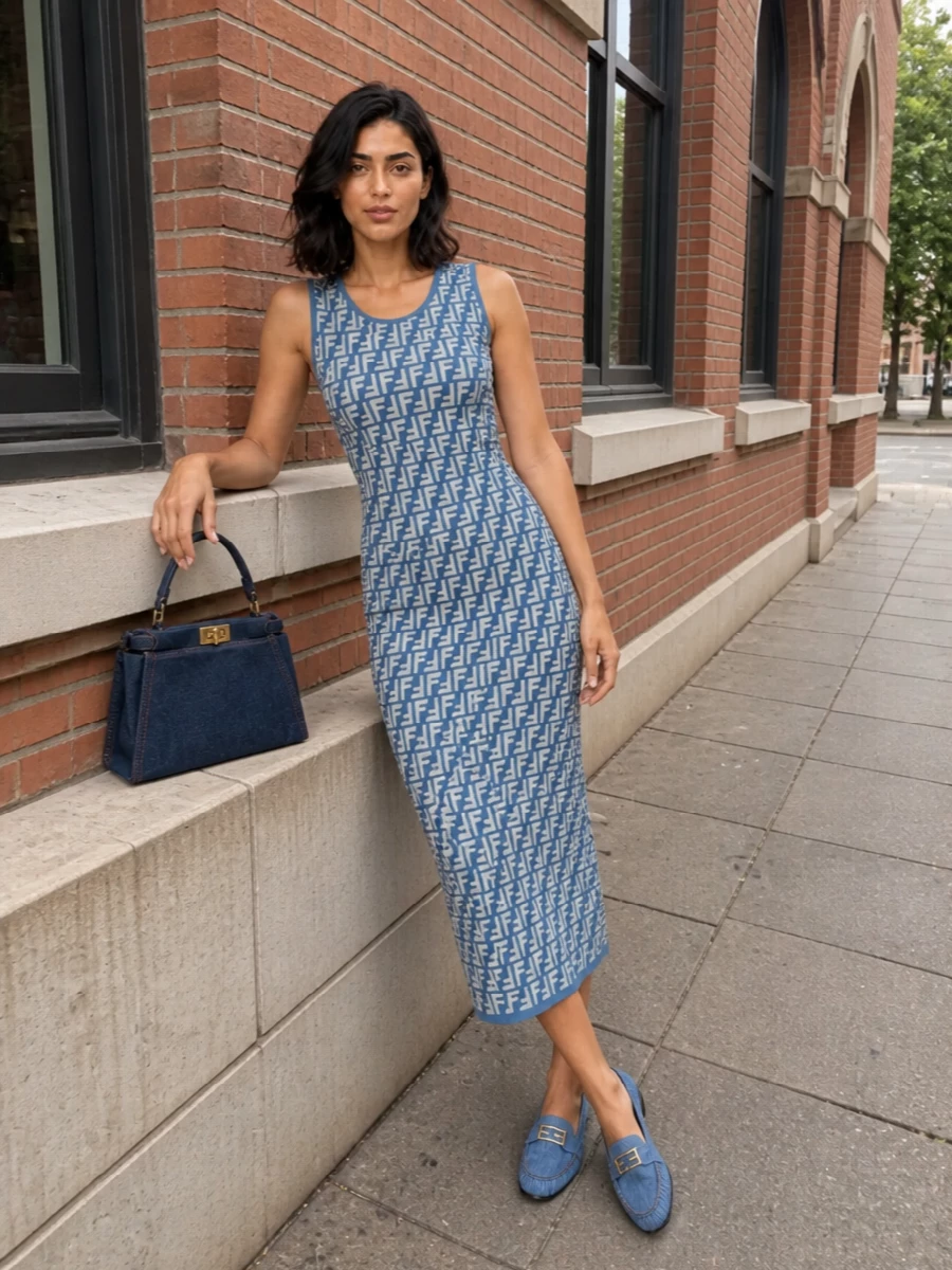 Fendi blue knit midi dress denim loafers