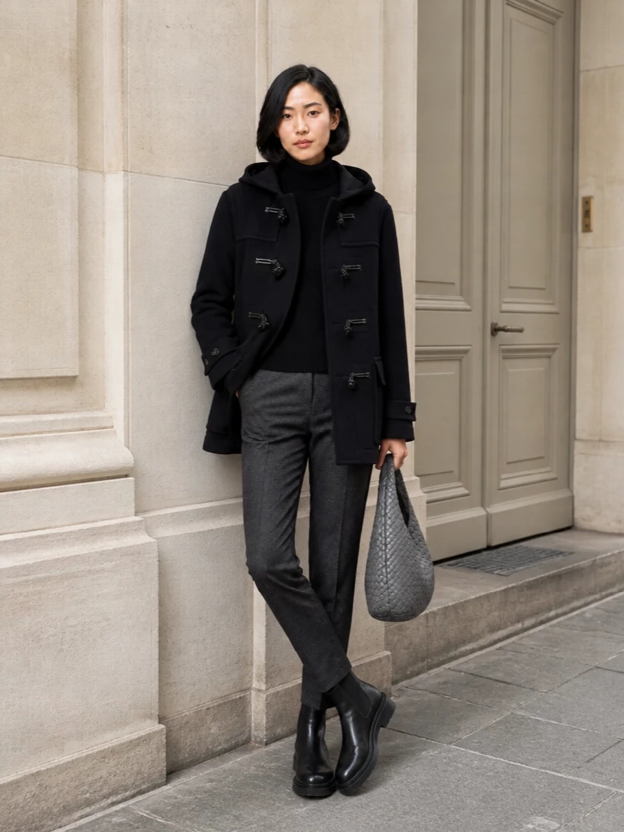 I am building this as a top and trouser composition rather than a dress, because the duffle’s pragmatic tailoring wants a column of knits and sharp pants, not an evening-leaning knit dress. A black turtleneck and charcoal slim trouser create a long, uninterrupted line under the coat, while chunky black Chelsea boots and a woven charcoal hobo keep the mood city ready and quietly expensive. The result is a disciplined winter uniform that feels purposeful from commute to dinner, grounded yet refined.