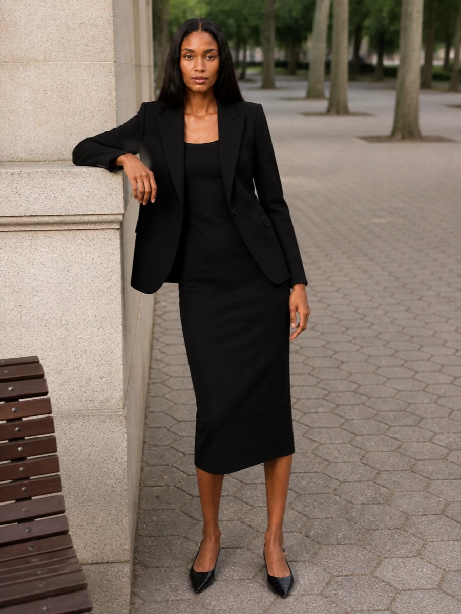 Dolce gabbana black blazer midi dress outfit