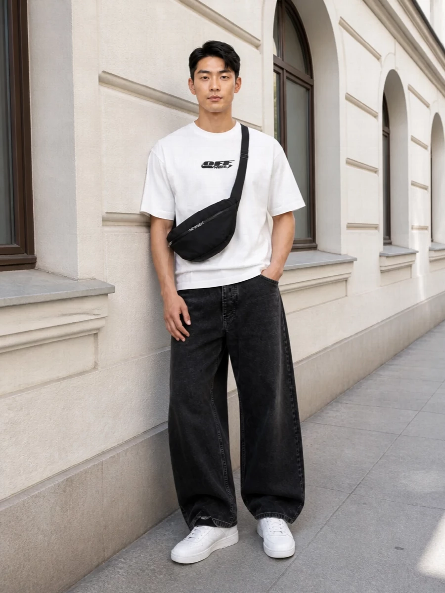 Off white wide leg jeans white logo tshirt outfit
