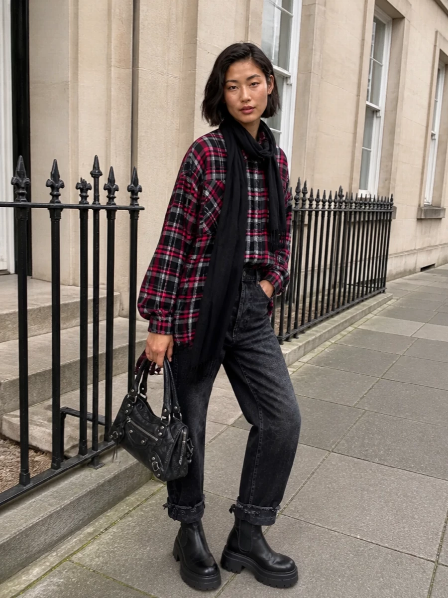 R13 plaid shirt washed black jeans chunky boots