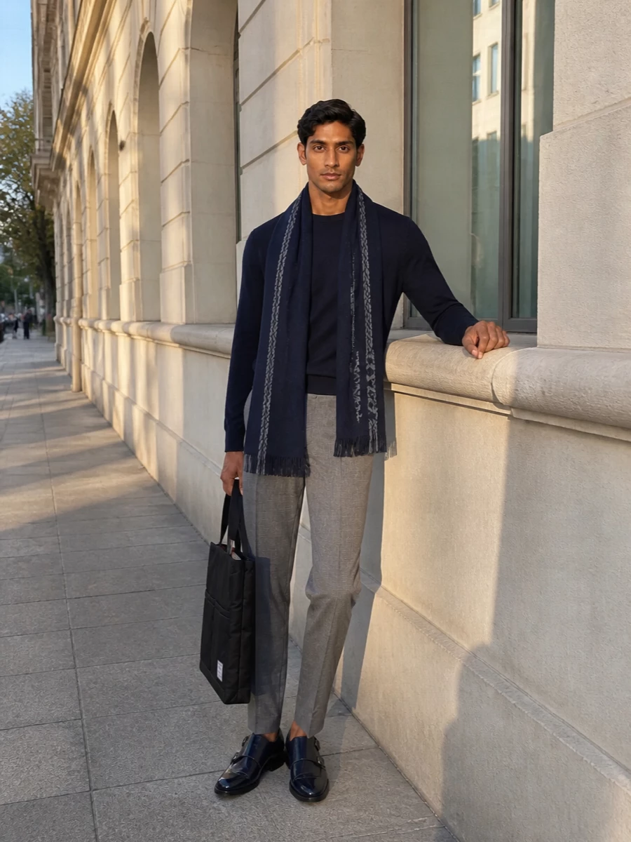 Thom browne navy sweater grey trousers outfit