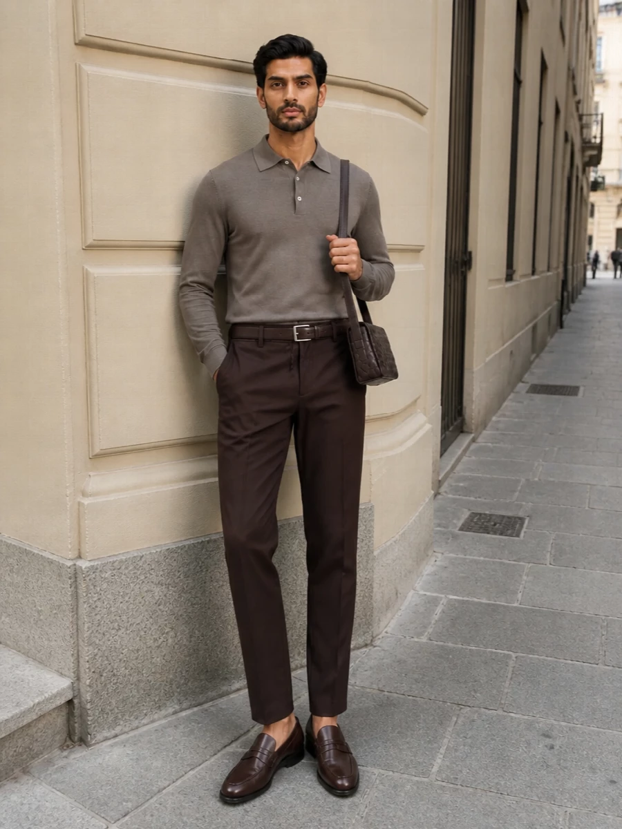 Lardini brown drawstring trouser taupe knit polo