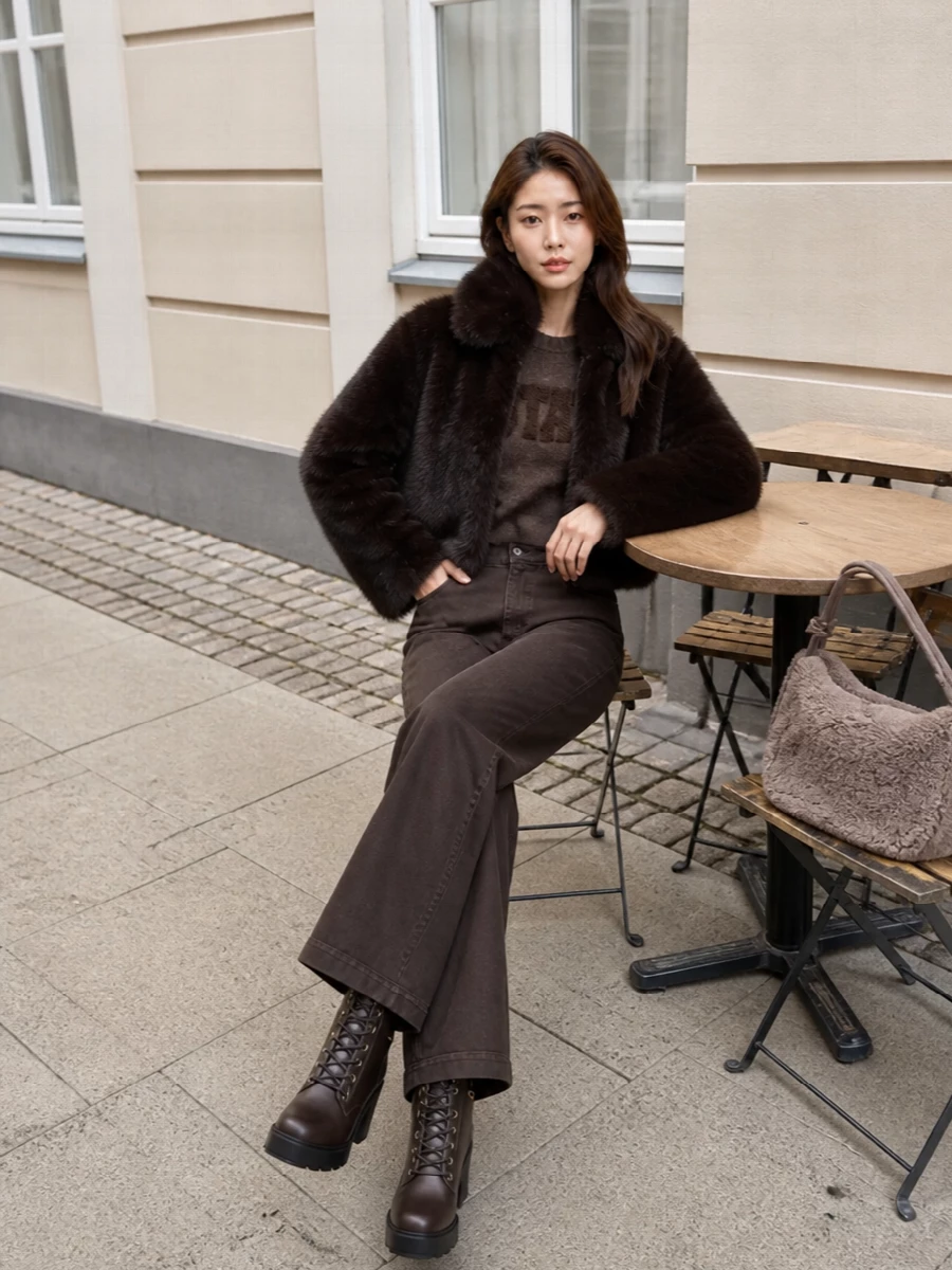 Rotate faux fur jacket brown wide leg jeans outfit