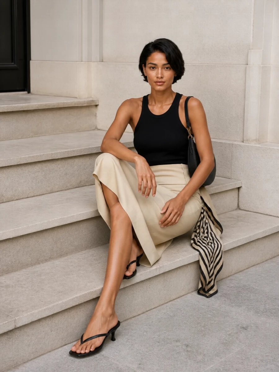 Sportmax black tank buttercream midi skirt outfit