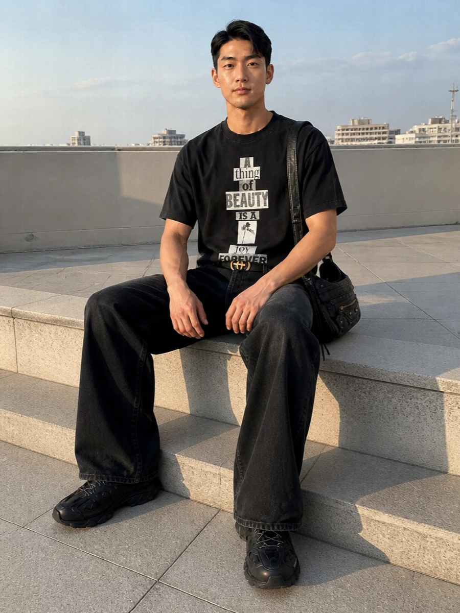 Balenciaga graphic tee wide leg black jeans