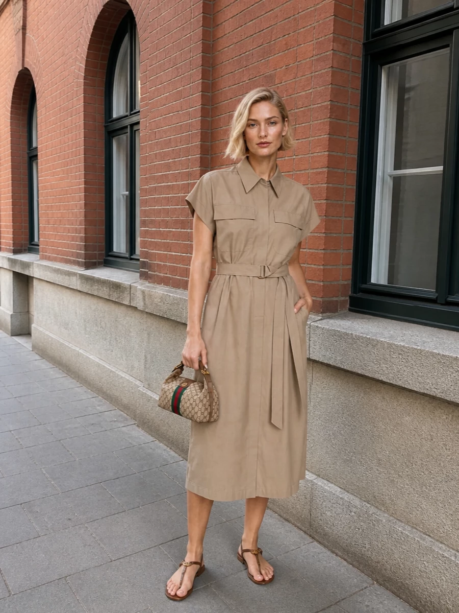 I chose the dress route here, letting the sand Brunello Cucinelli shirt dress act as a quietly tailored canvas that picks up the Gucci bag’s beige and brown accents. Together they read as a modern, preppy uniform for warm days, with the flat brown sandals keeping the mood relaxed but still smart for city errands or terrace lunches. The result is a streamlined, logo-aware outfit that feels luxurious without shouting, all in sun-washed neutrals that flatter the bag’s classic web stripe and monogram.