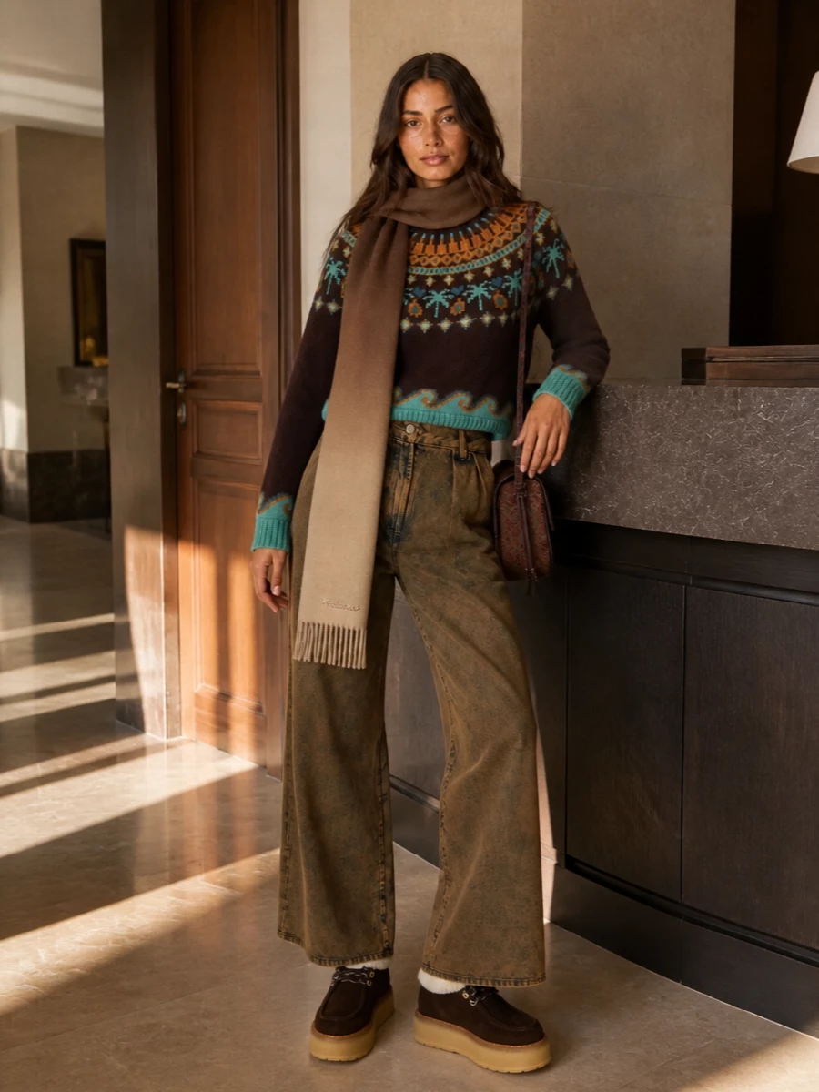 Alanui sweater wide leg trousers etro saddle bag