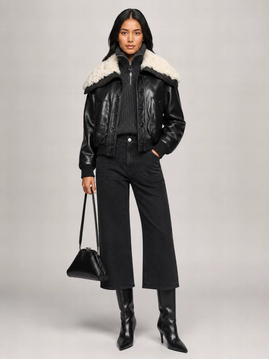 The Attico Shearling Collar Leather Bomber Jacket