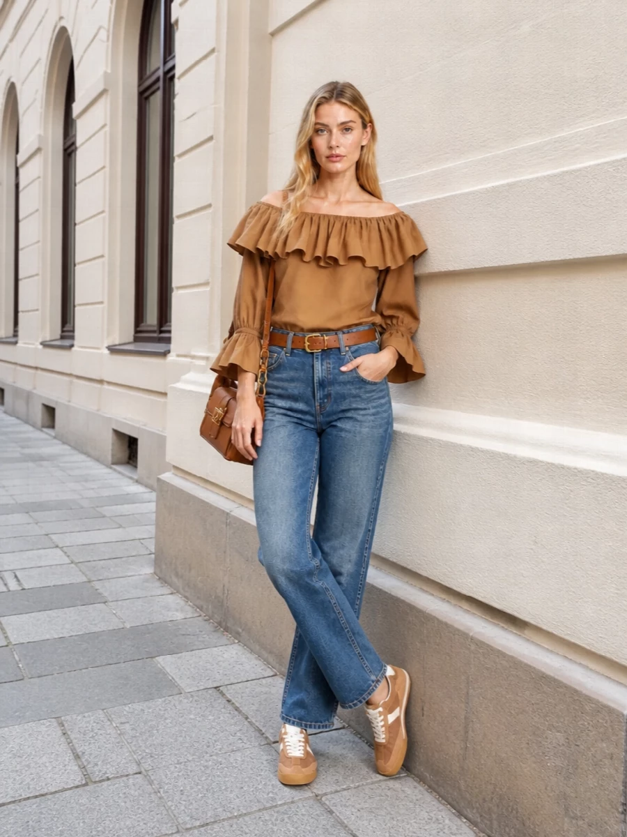 A soft camel neckline and sculpted volume bring romance to clean mid-wash denim, grounded by quietly graphic tan and ivory sneakers. The matching belt and shoulder bag echo the warm neutrals, giving the high-rise jeans a subtly ’70s, Chloé-inflected finish that feels relaxed yet considered for daytime in the city or away.