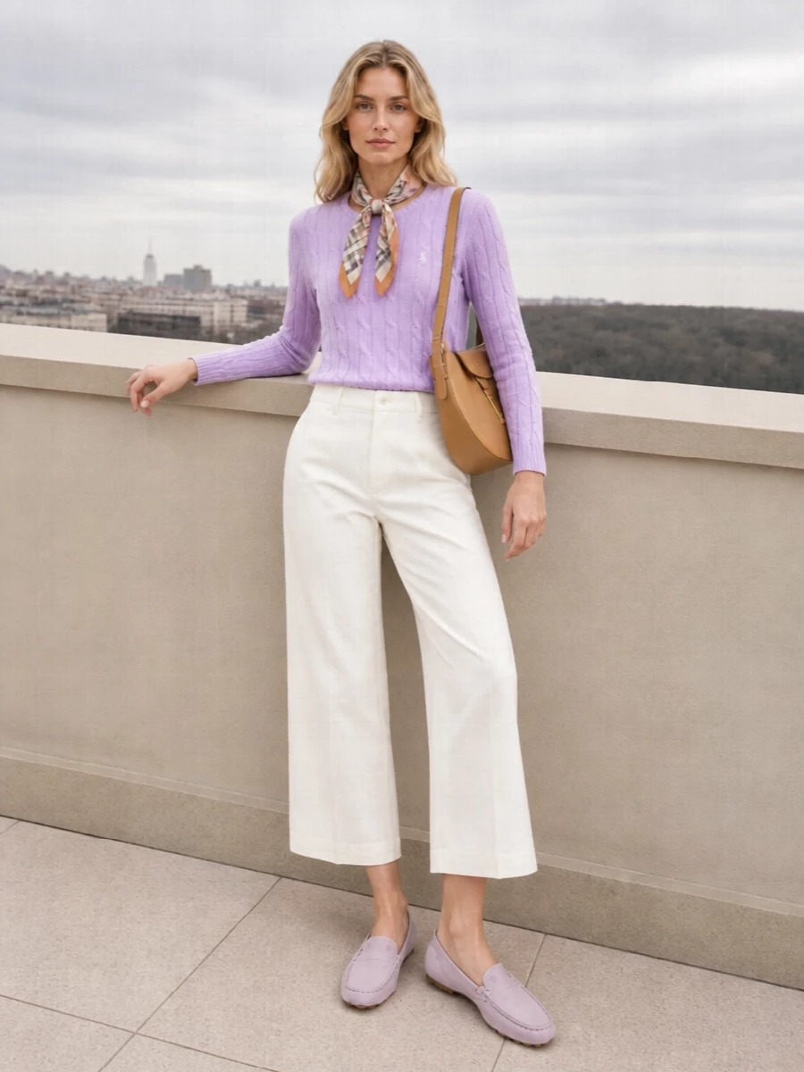 Soft lilac and ivory set a calm, preppy mood, with the cable knit sitting neatly over cropped wide-leg trousers for an easy but considered day outfit. Blush leather loafers keep everything light and polished, while the camel hobo and matching twilly add a subtle equestrian touch that grounds the pastels without feeling heavy. It is relaxed enough for daytime plans yet refined enough for casual office hours or lunch in the city.