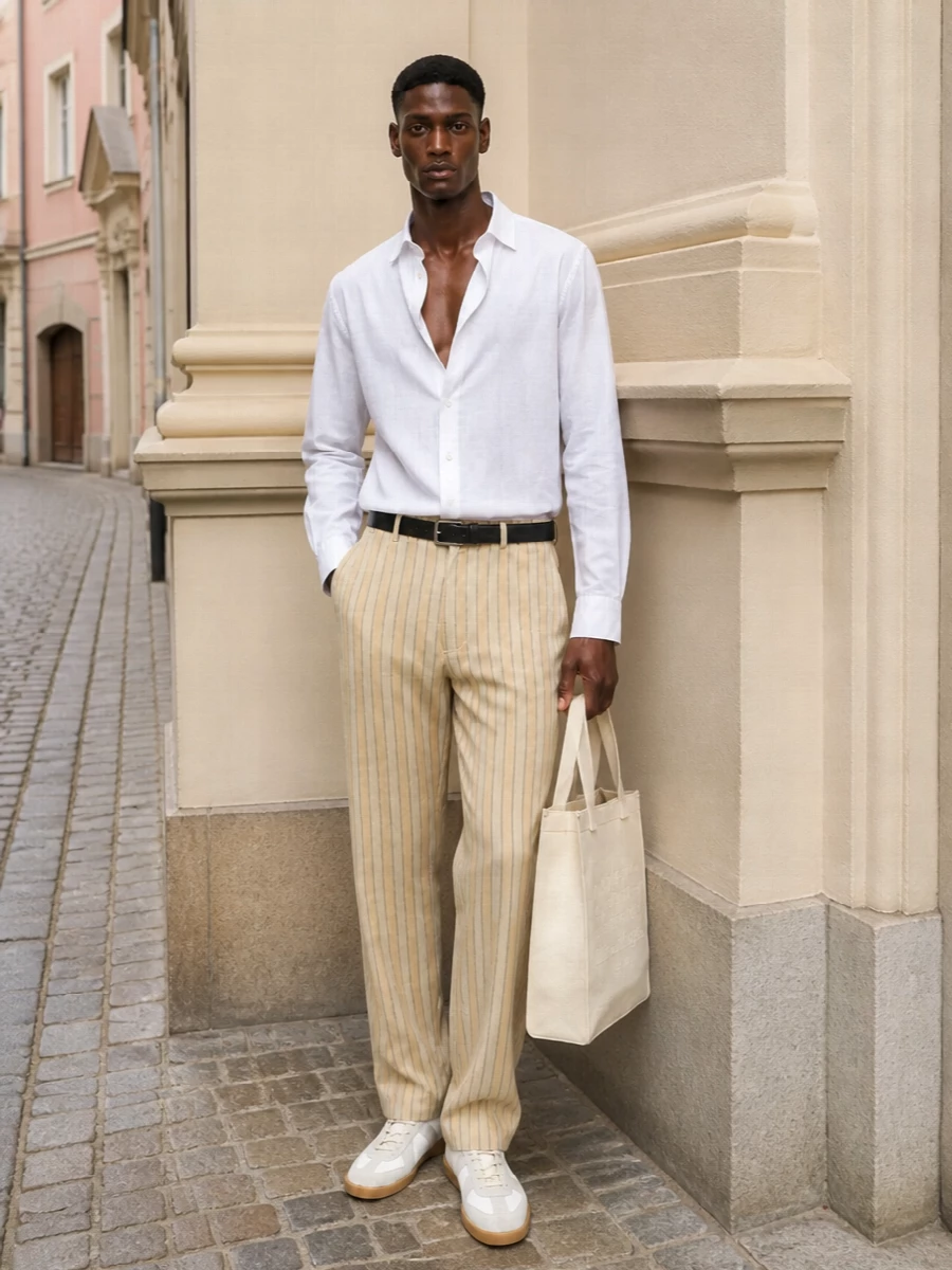Soft stripes on soft neutrals create a calm, precise base that feels right for unhurried city days or low-key dinners. The relaxed white shirt and butter-beige trouser read coordinated but not matchy, with the tonal sneakers and belt keeping everything grounded and modern. It is quietly polished, all about line, ease and subtle texture rather than contrast.