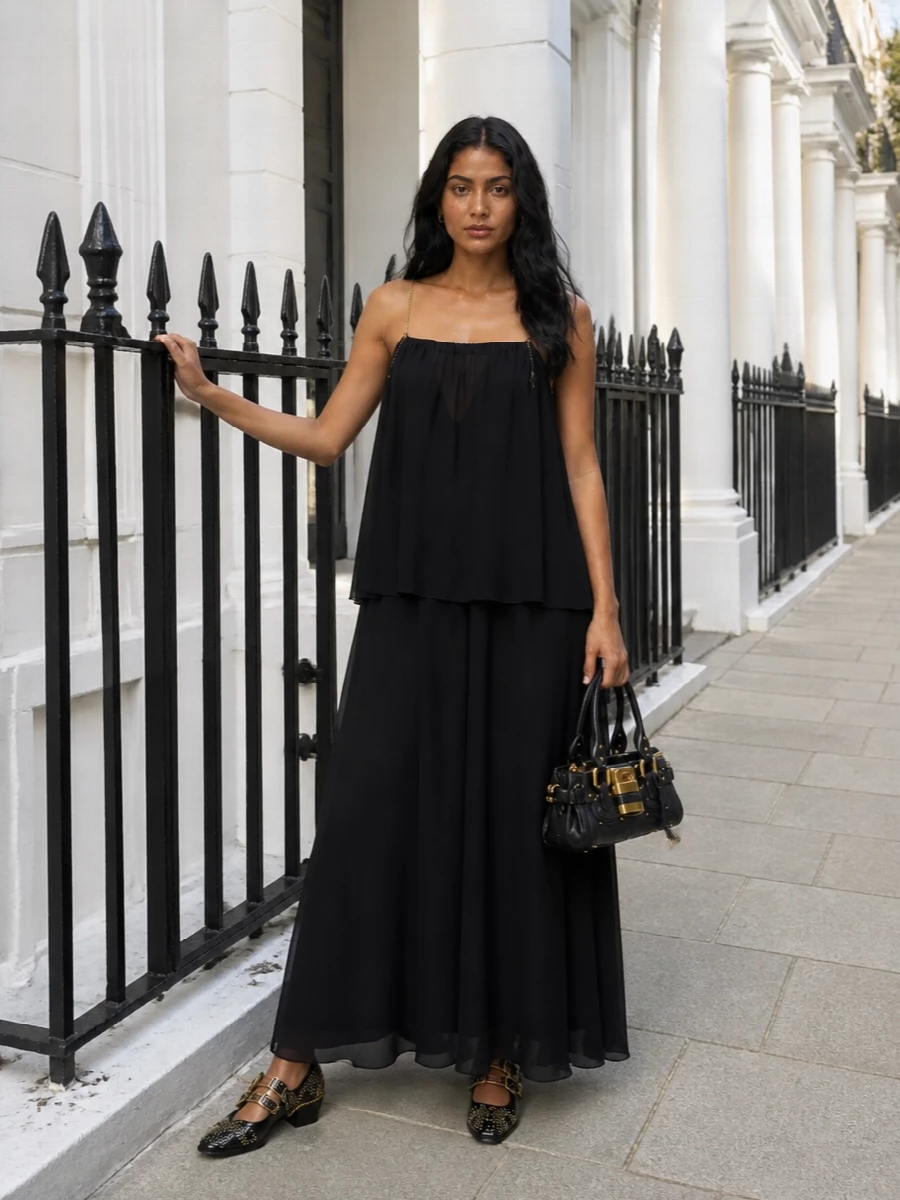 Chloe black maxi dress studded mary janes