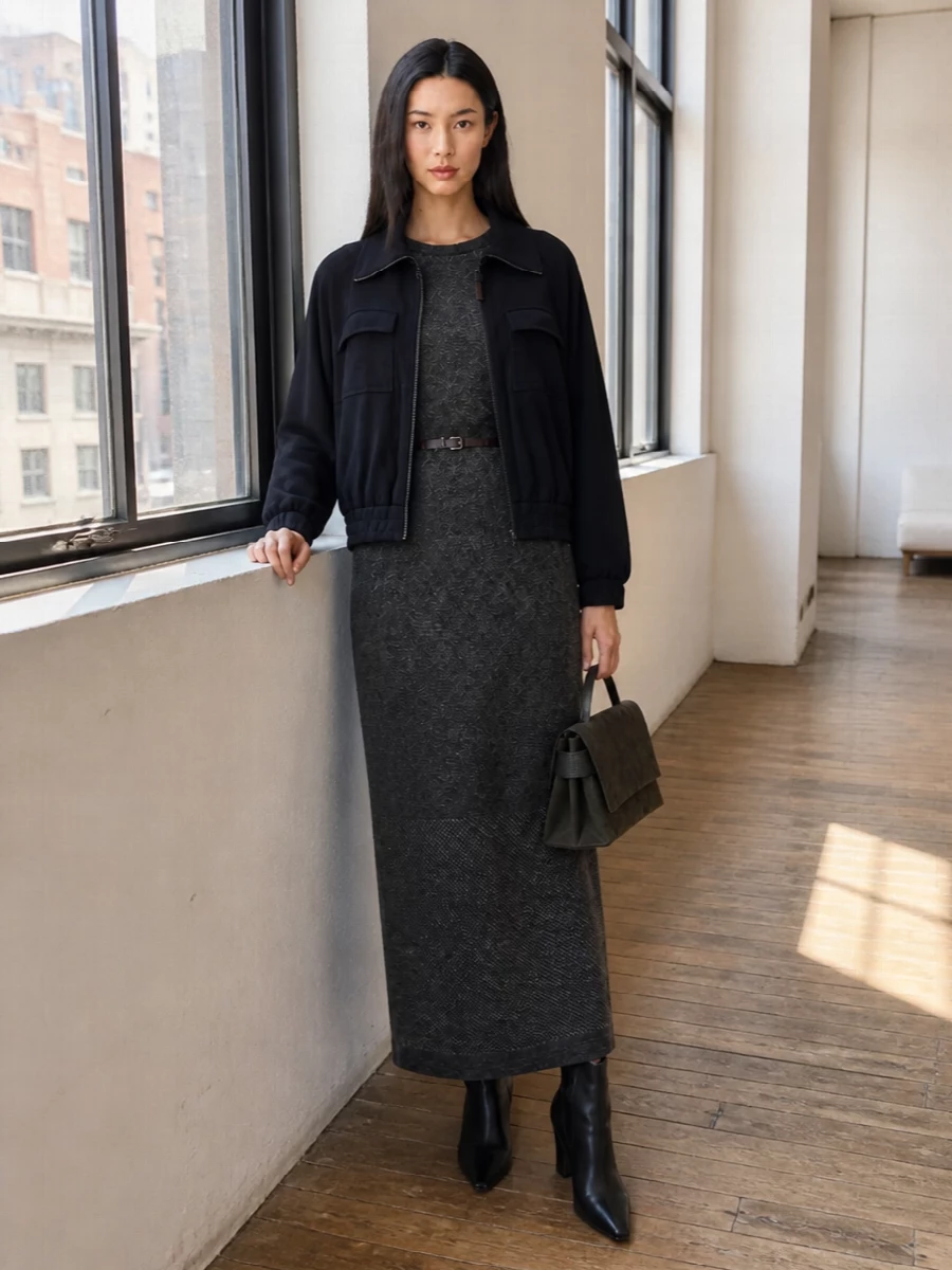 Brunello cucinelli navy jacket charcoal knit dress
