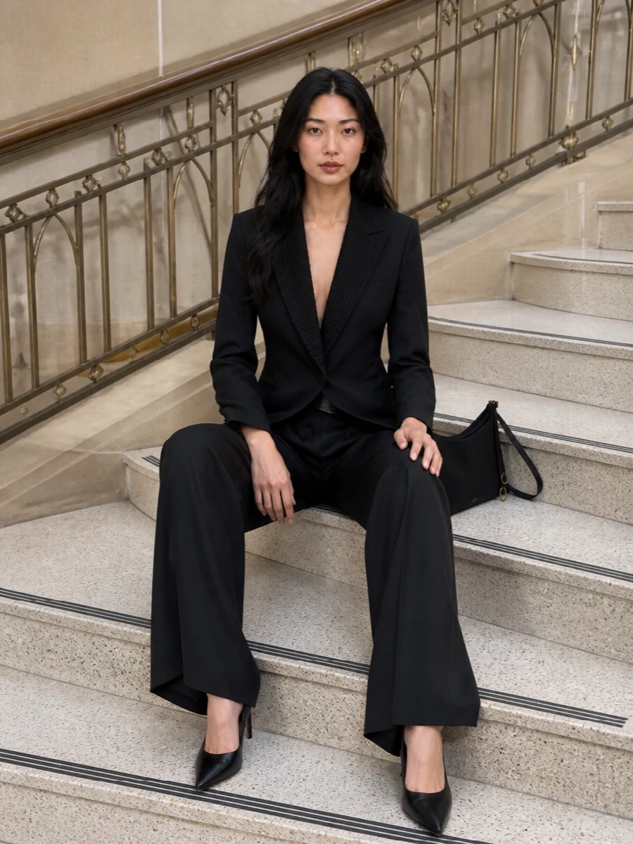 Deep charcoal tailoring meets a razor-sharp black jacket for a monochrome evening ensemble that feels quietly powerful rather than loud. The pointed Prada heel and sculpted Alaïa shoulder bag refine the long, wide-leg silhouette so it reads elongating and precise from every angle. It is a city-night uniform for formal dinners or events where you want modern polish with real presence.