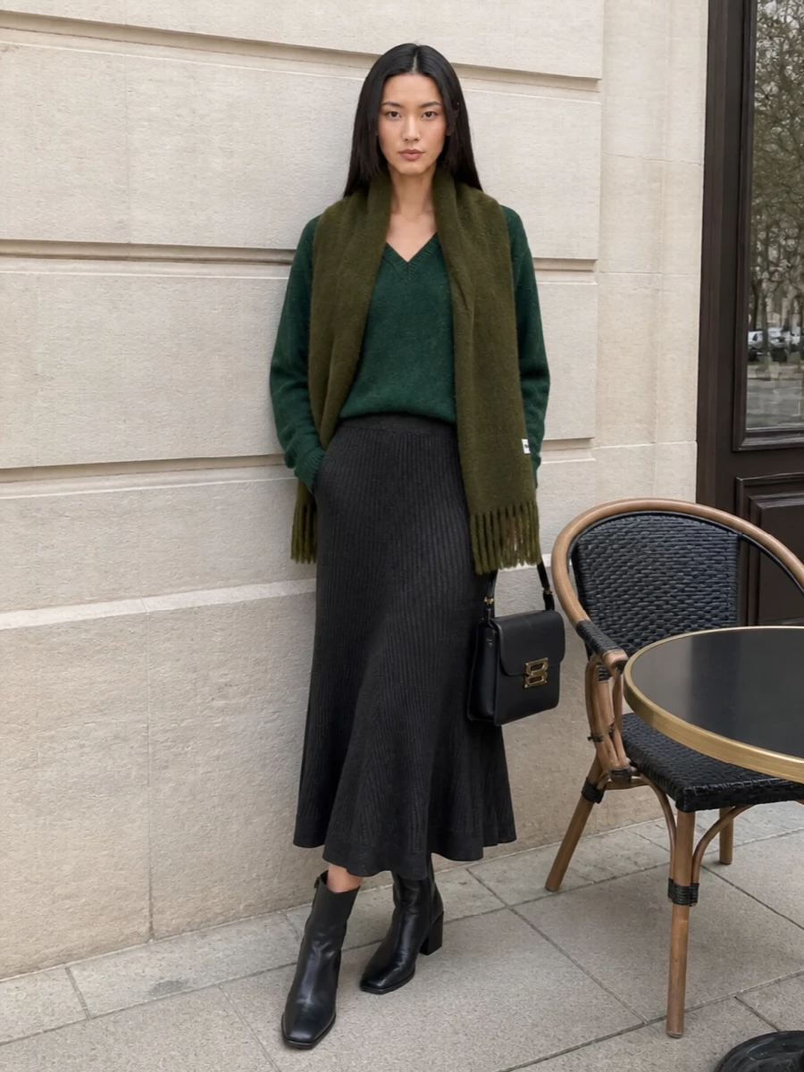 Victoria beckham green sweater charcoal midi outfit