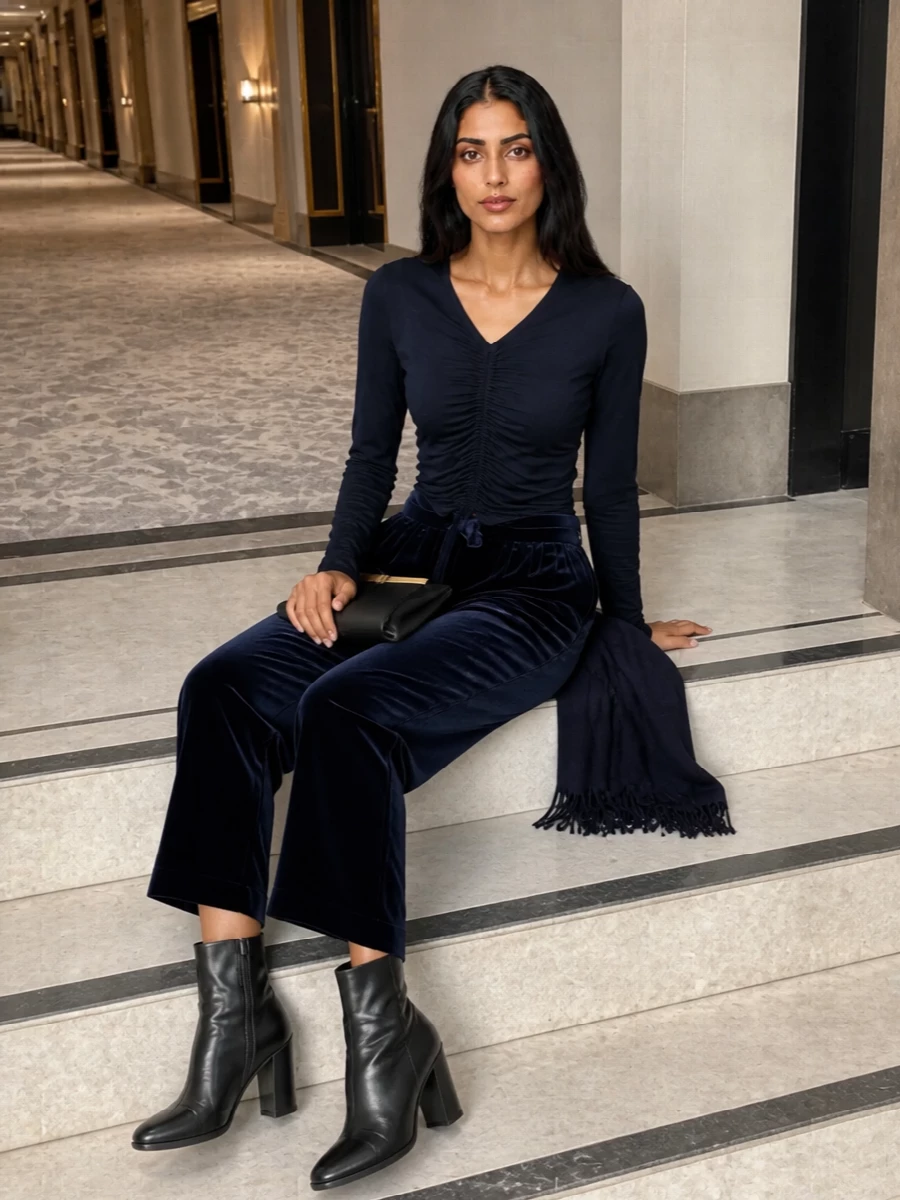 Giorgio armani navy ruched top velvet trousers