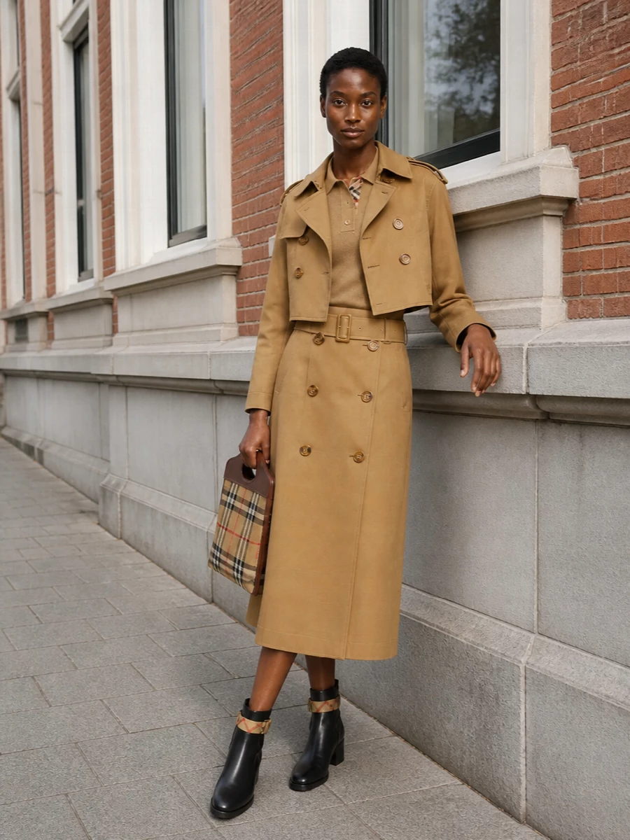 Burberry camel trench midi skirt tote outfit