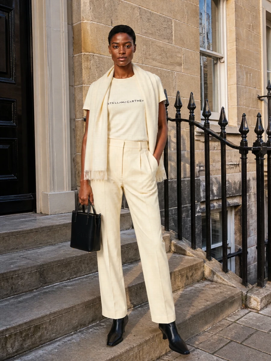 A buttercream logo tee meets high-rise pleated trousers in a near-monochrome palette that feels calm but assured. Black pointed boots and a compact mini tote echo the graphic logo, giving the outfit a crisp, city-ready edge. The result is relaxed tailoring that moves easily from daytime meetings to understated dinners with just a change of lipstick.