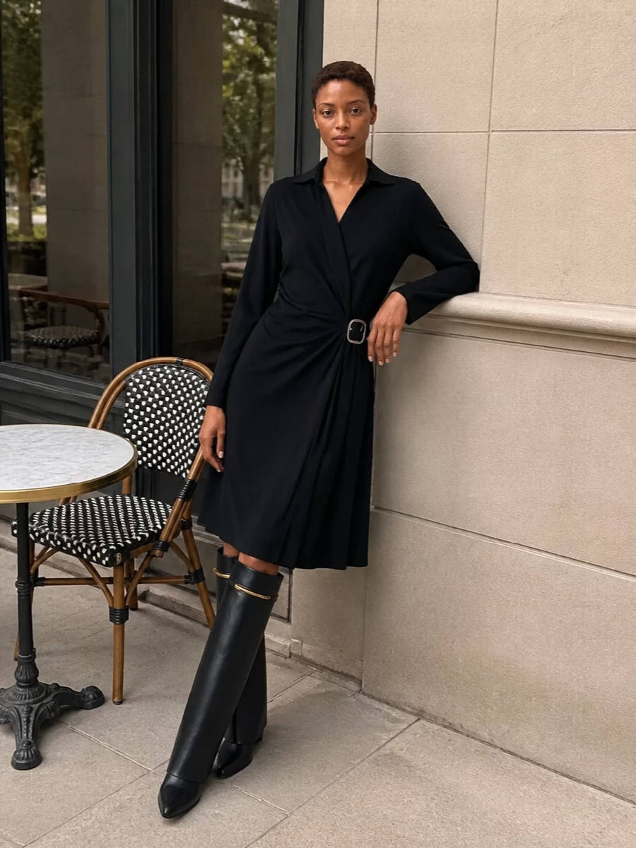 Anchor the Givenchy wedge boots with Loewe’s black wrap dress for a precise, urban evening statement that feels sculptural rather than overt. The shared inky palette and belted detailing create a continuous, elongated line, letting texture and proportion do the talking. A sleek Tom Ford ring‑handle clutch finishes the mood with quiet, directional polish and just a trace of hardware to echo the boots’ brushed gold accent.