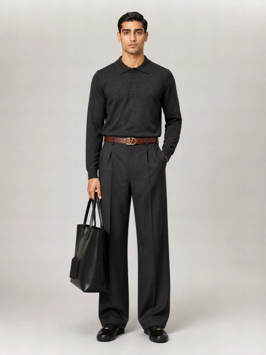 Valentino Virgin Wool Fine-Knit Long-Sleeve Polo Sweater