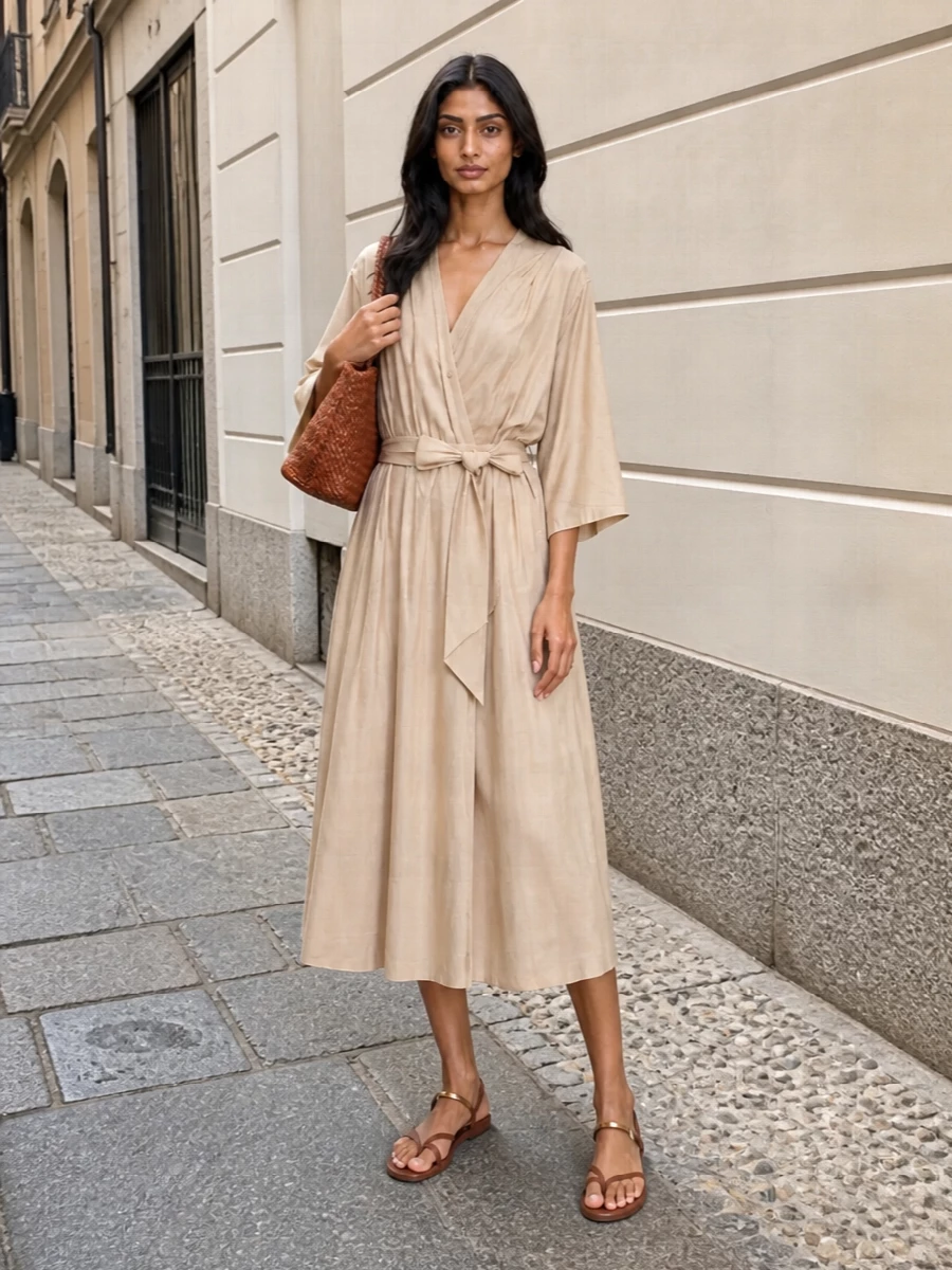 Pairing the woven burnt-cognac bag with Forte Forte’s sand wrap dress builds a warm, tonal story that feels quietly luxurious and relaxed. The soft V-neckline and self-tie waist keep the silhouette fluid yet defined, allowing the bag’s texture to stand out without noise. Tan leather sandals finish it with a clean, barefoot-adjacent line that works from city sidewalks to holiday terraces.