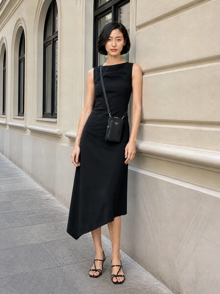 A sharply cut Bottega black midi dress pairs with the Prada crossbody for a discreet, architectural evening ensemble in pure black. The asymmetric hem and slim kitten-heel slingbacks elongate the line without feeling overdone, keeping the focus on cut and proportion rather than overt branding. This is quiet power dressing for gallery nights, intimate dinners, or any city evening where you want precision and ease in one move.