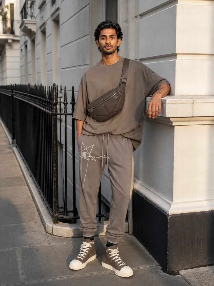Rick owens taupe track pants outfit high tops
