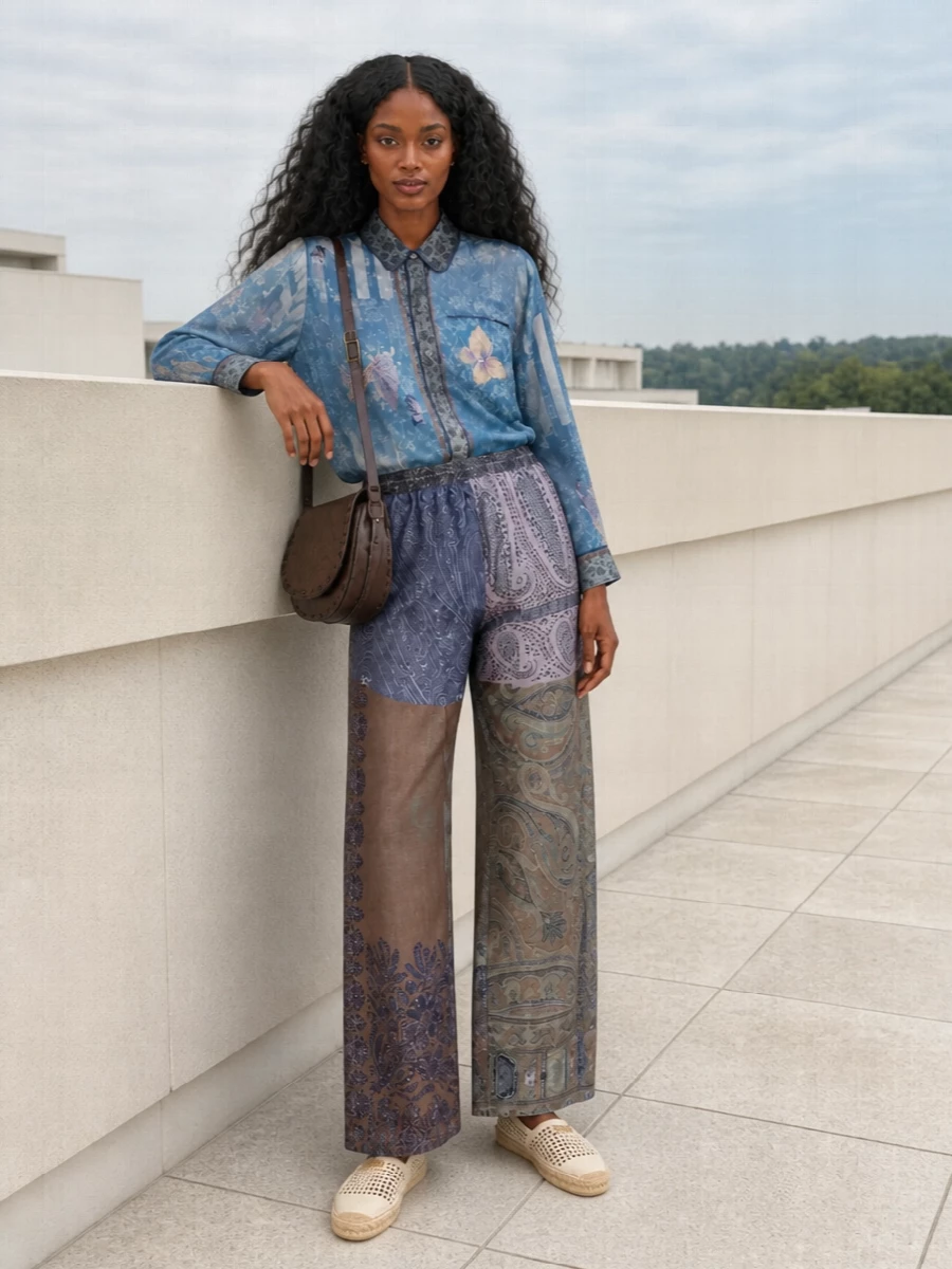 A softly romantic column of tonal blue paisley and florals, this pairing turns the wide-leg trouser into part of a languid, scarf-like silhouette. Ivory woven espadrilles and a deep brown paisley saddle bag keep the mood bohemian yet polished, grounding the artful prints in sun-worn neutrals. The result feels like creative city dressing for warm days, relaxed in ease but quietly composed.