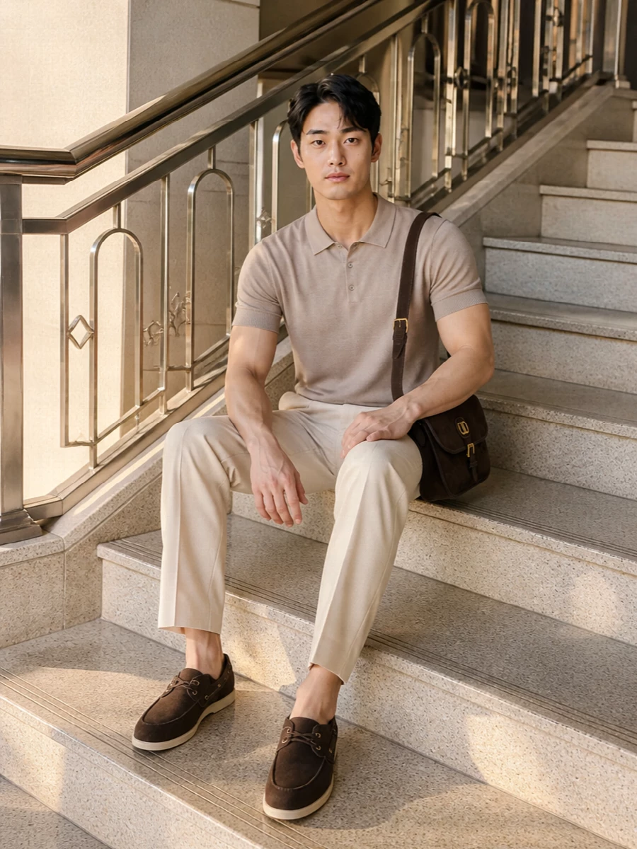 A taupe knit polo and light beige pleated trousers frame the chocolate Prada loafers in a calm, sun-ready palette of warm neutrals. The proportions stay clean and elongated, reading smart yet relaxed. A dark chocolate suede shoulder bag finishes the outfit with a soft, tactile counterpoint that still feels impeccably discreet.