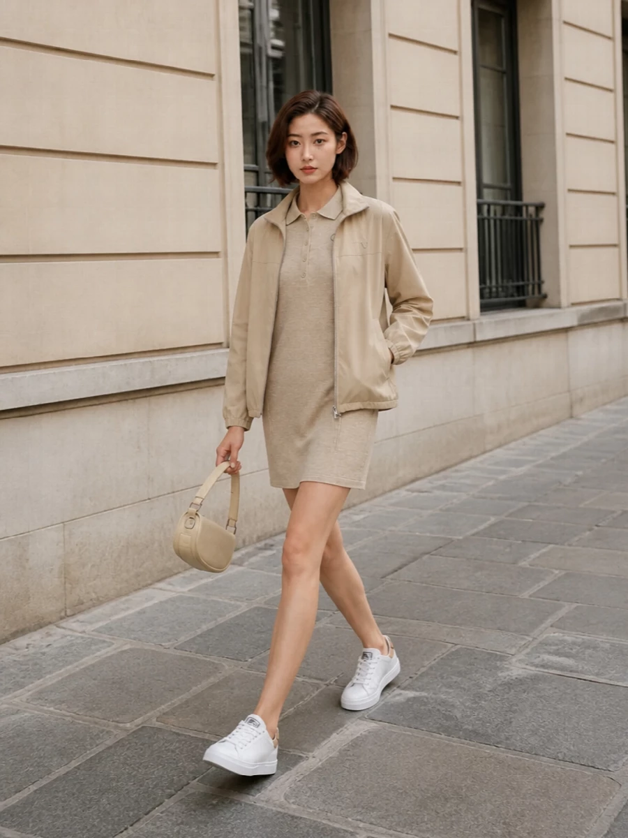 Polo mini dress windbreaker athleisure outfit