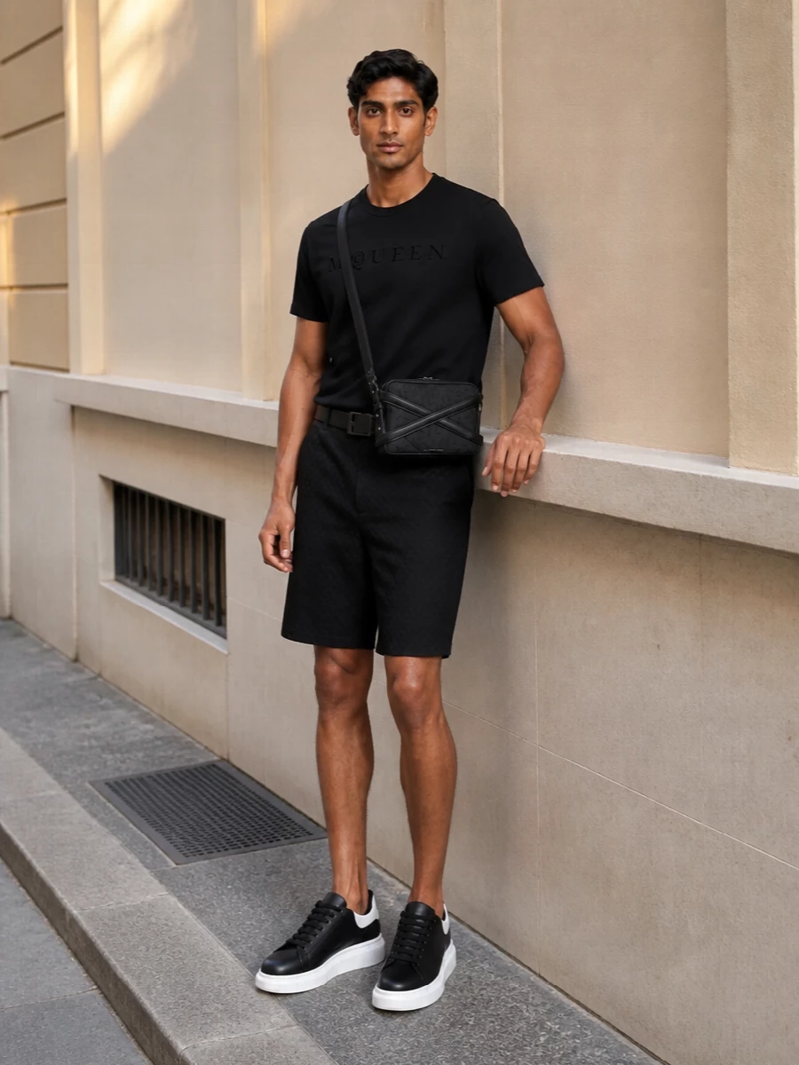 Alexander mcqueen black t shirt outfit shorts