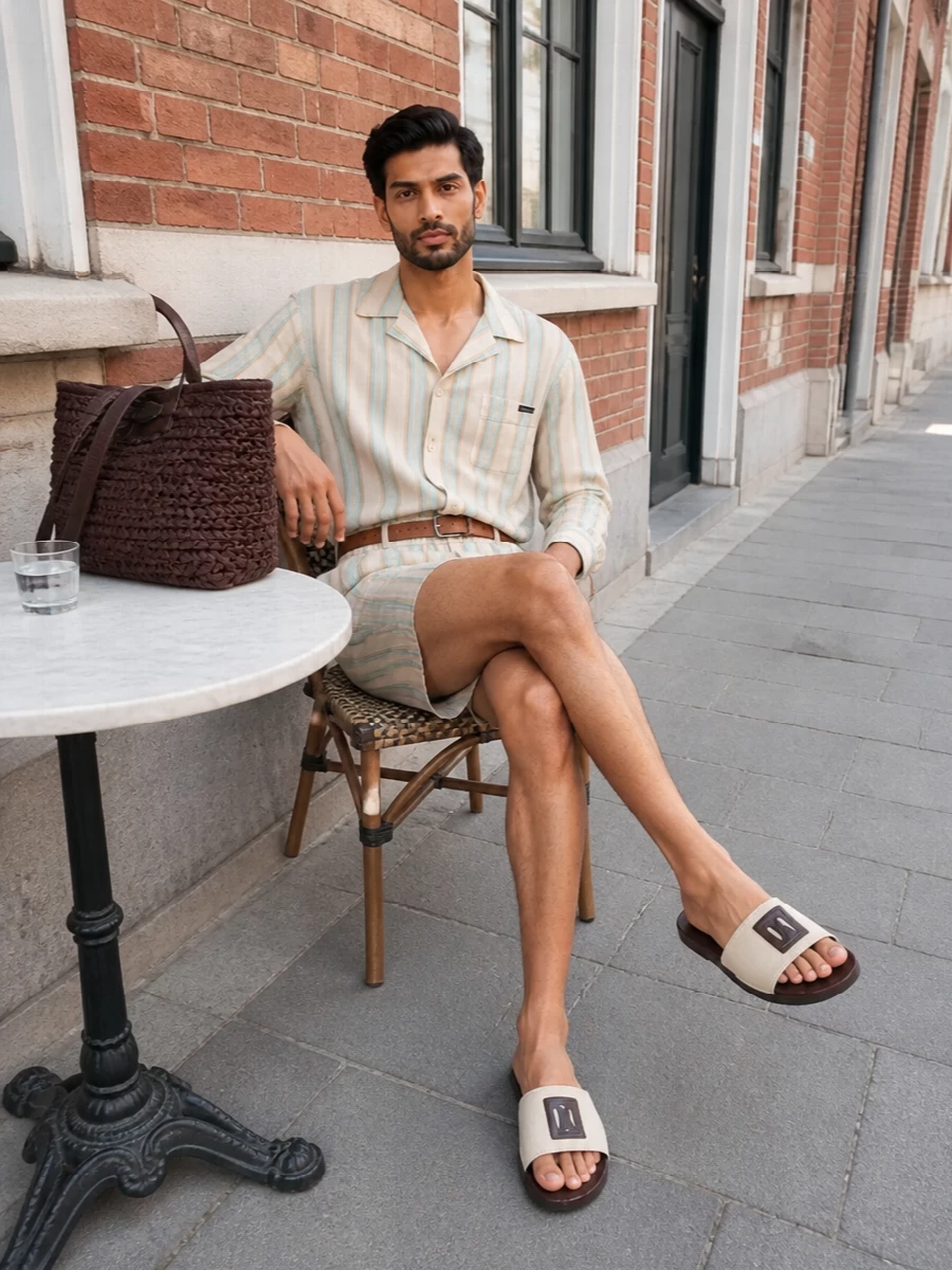 A coordinated striped camp shirt and high-rise wide-leg short in sun-faded pastels create an easy Dolce&Gabbana resort set that feels relaxed yet precise. Canvas slides keep it barefoot-near, while a deep chocolate woven tote and soft suede belt introduce texture and structure without disturbing the palette. The result is quietly polished for seaside lunches, roof-terrace drinks and warm city afternoons alike.