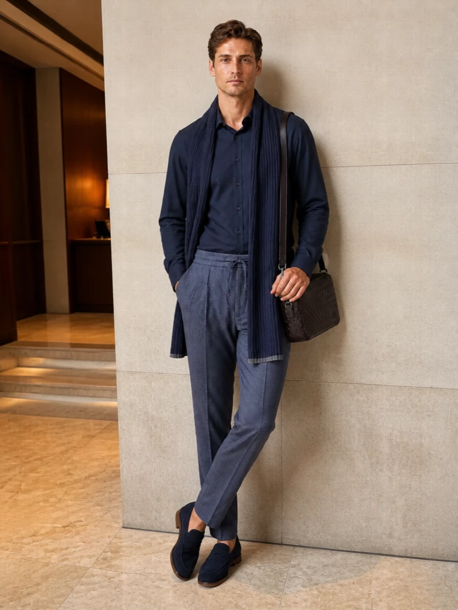 Brunello cucinelli navy shirt slate drawstring trouser