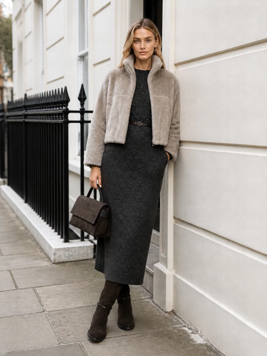 Cucinelli shearling jacket knit maxi dress outfit