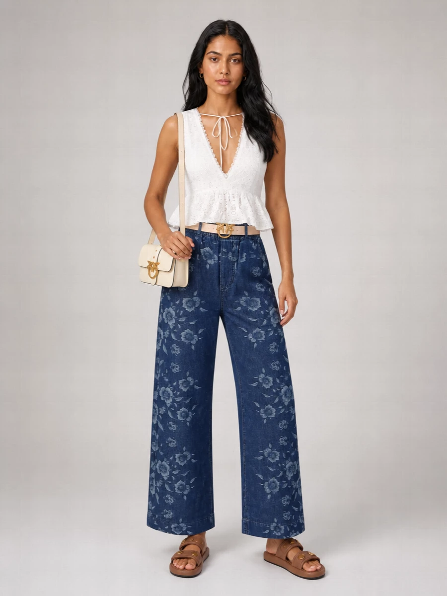 Pinko Floral-Print High-Rise Wide-Leg Denim Trousers