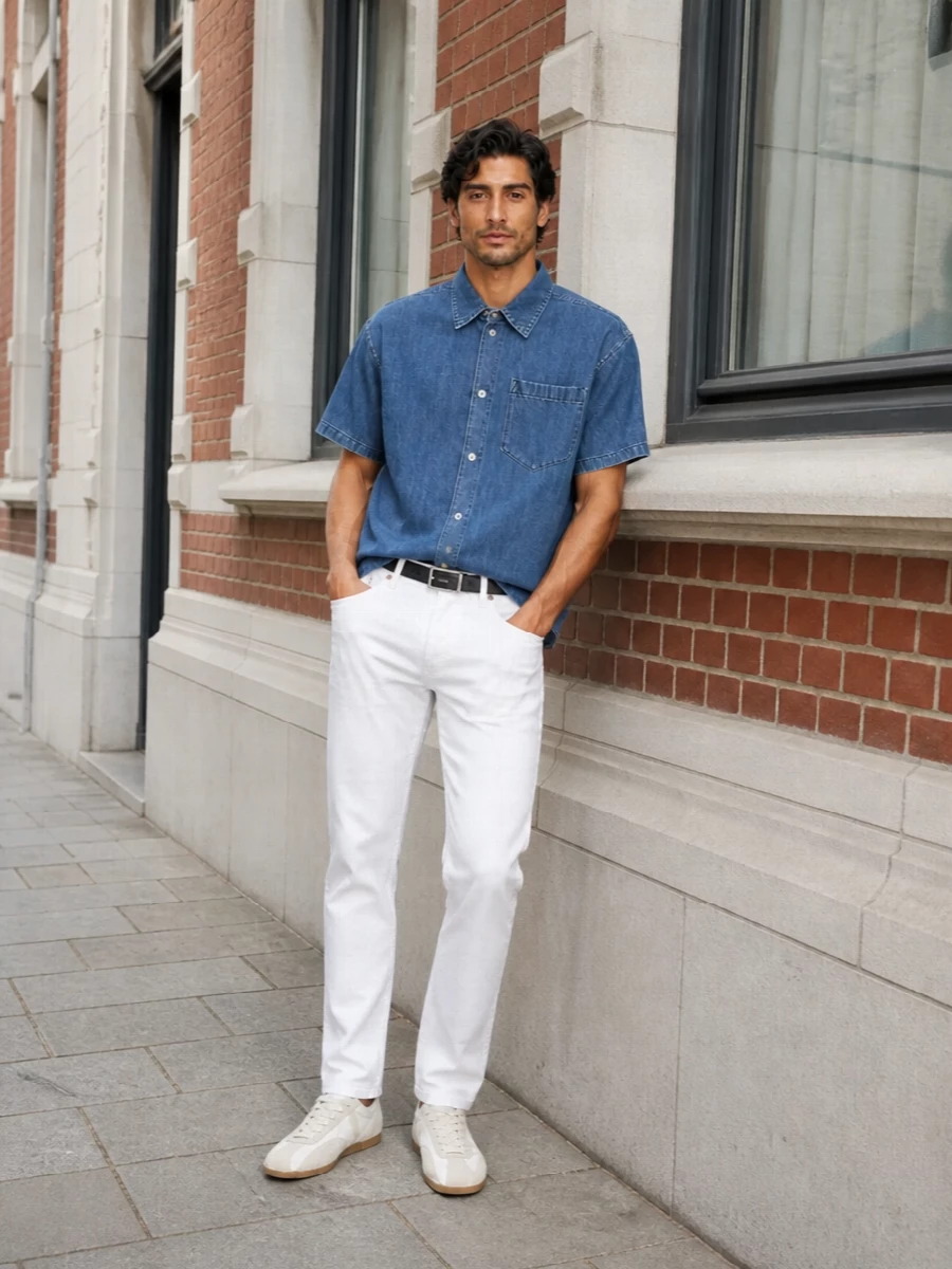 Mid-wash denim on top with crisp white jeans and off-white trainers keeps this casual set sharp but easy, ideal for warm days in the city. The proportions are clean and relaxed, with the straight leg and low-profile sneakers grounding the boxy shirt. Black canvas and a slim belt quietly anchor the light palette for a minimal, street-focused finish.